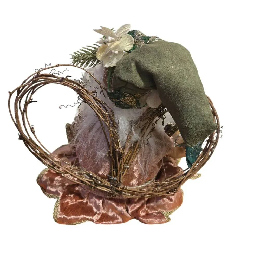 Sitting Woodland Santa Fairy Elf Holding Wreath Twig‎ Heart Wings